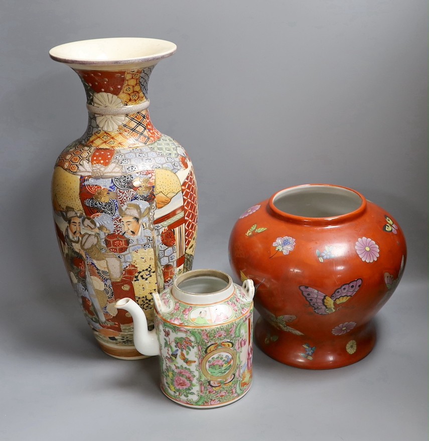 Japanese satsuma vase, 39cm high, together with a red Chinese vase and 19th century Chinese famille rose teapot